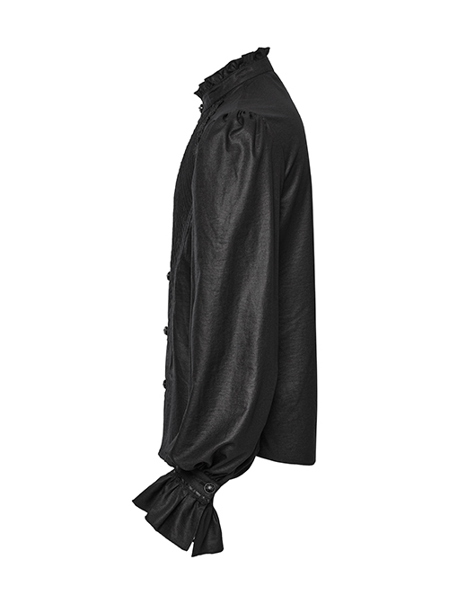 Black Retro Simple Front Pinstripe With Stand Up Collar Ruffle Design Gothic Style Puff Sleeve Shirt