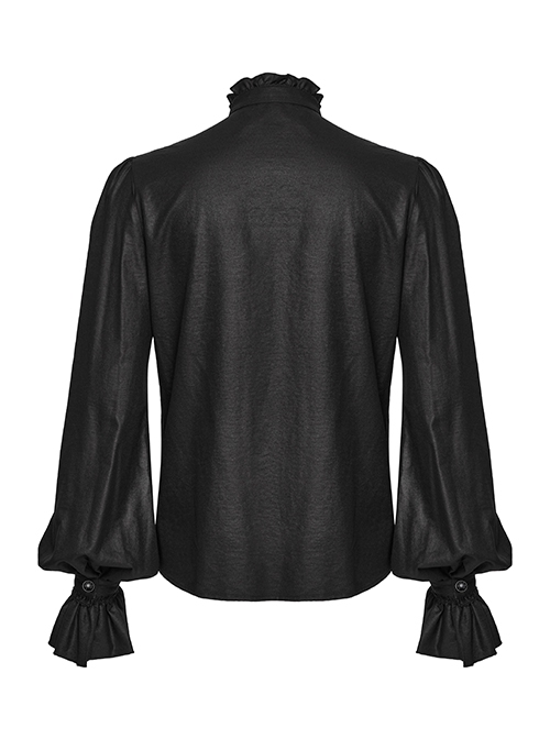 Black Retro Simple Front Pinstripe With Stand Up Collar Ruffle Design Gothic Style Puff Sleeve Shirt