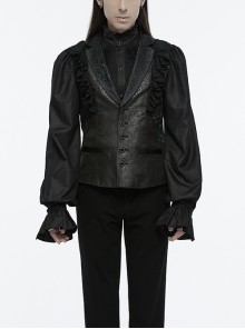 Gorgeous Black Jacquard Woven Front Panel With Three Dimensional Lotus Leaf Shape And Exquisite Carved Hand Sewn Button Design Gothic Style Vest