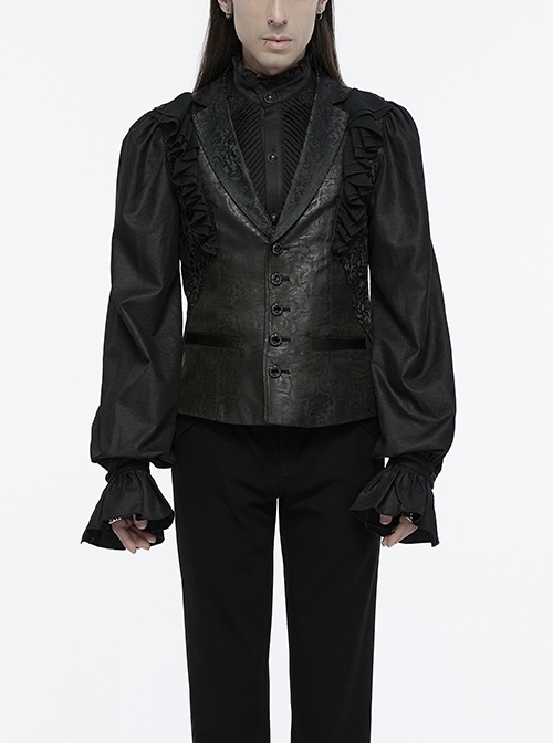 Gorgeous Black Jacquard Woven Front Panel With Three Dimensional Lotus Leaf Shape And Exquisite Carved Hand Sewn Button Design Gothic Style Vest