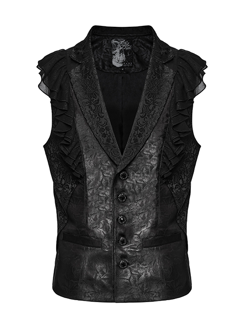 Gorgeous Black Jacquard Woven Front Panel With Three Dimensional Lotus Leaf Shape And Exquisite Carved Hand Sewn Button Design Gothic Style Vest