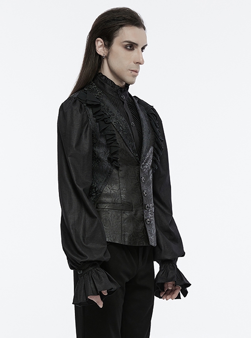 Gorgeous Black Jacquard Woven Front Panel With Three Dimensional Lotus Leaf Shape And Exquisite Carved Hand Sewn Button Design Gothic Style Vest