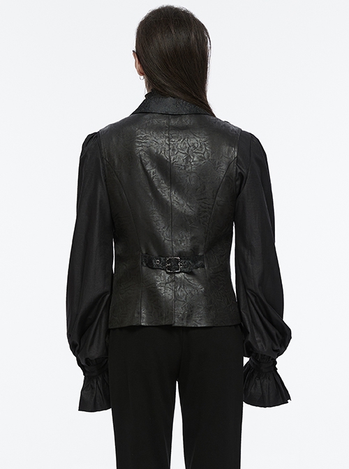 Gorgeous Black Jacquard Woven Front Panel With Three Dimensional Lotus Leaf Shape And Exquisite Carved Hand Sewn Button Design Gothic Style Vest