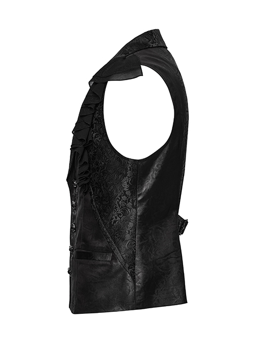 Gorgeous Black Jacquard Woven Front Panel With Three Dimensional Lotus Leaf Shape And Exquisite Carved Hand Sewn Button Design Gothic Style Vest
