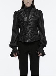 Black Exquisite Non Stretch Jacquard Twill Faux Leather Back Waist Pattern Decorative Loop Design Gothic Style Skull Vest