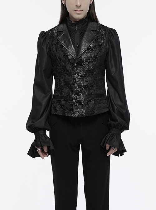 Black Exquisite Non Stretch Jacquard Twill Faux Leather Back Waist Pattern Decorative Loop Design Gothic Style Skull Vest