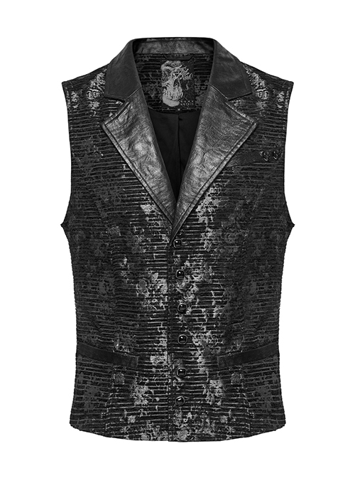 Black Exquisite Non Stretch Jacquard Twill Faux Leather Back Waist Pattern Decorative Loop Design Gothic Style Skull Vest