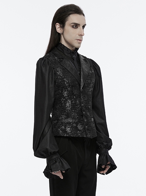 Black Exquisite Non Stretch Jacquard Twill Faux Leather Back Waist Pattern Decorative Loop Design Gothic Style Skull Vest