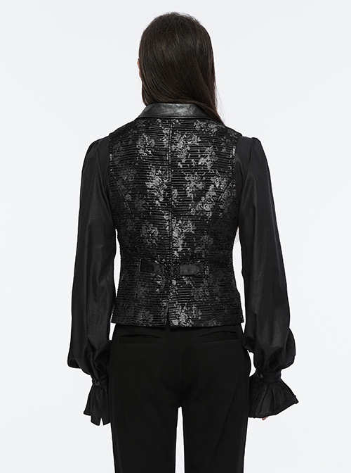Black Exquisite Non Stretch Jacquard Twill Faux Leather Back Waist Pattern Decorative Loop Design Gothic Style Skull Vest