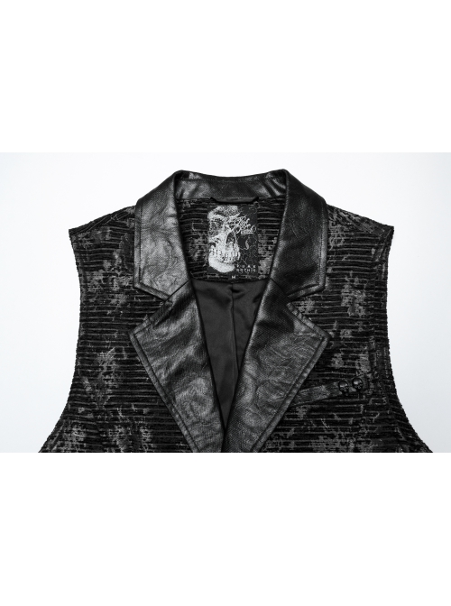 Black Exquisite Non Stretch Jacquard Twill Faux Leather Back Waist Pattern Decorative Loop Design Gothic Style Skull Vest