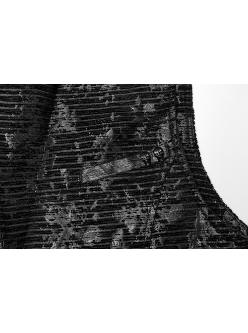 Black Exquisite Non Stretch Jacquard Twill Faux Leather Back Waist Pattern Decorative Loop Design Gothic Style Skull Vest