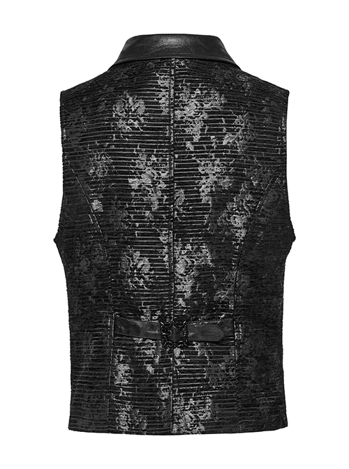 Black Exquisite Non Stretch Jacquard Twill Faux Leather Back Waist Pattern Decorative Loop Design Gothic Style Skull Vest