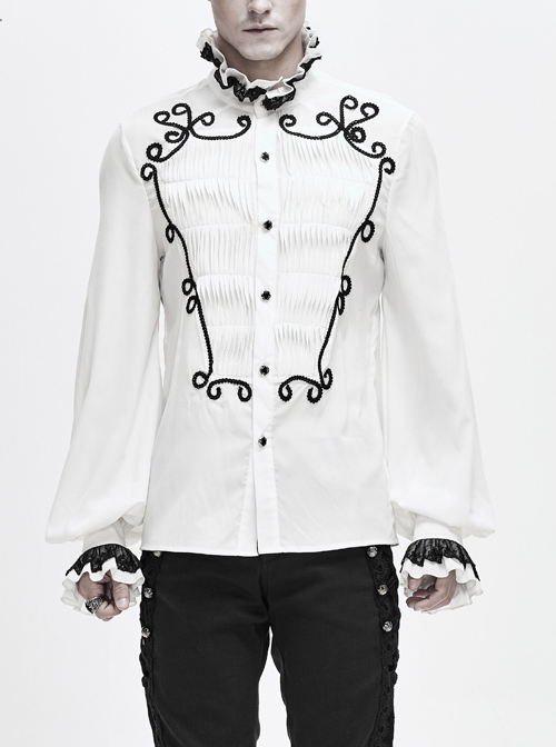 Lace High Collar Hand-Embroidered Long Sleeve White Gothic Shirt
