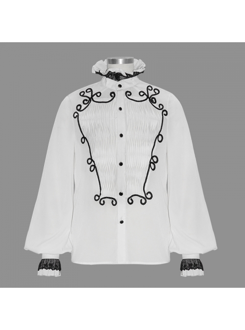 Lace High Collar Hand-Embroidered Long Sleeve White Gothic Shirt