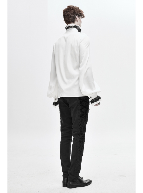 Lace High Collar Hand-Embroidered Long Sleeve White Gothic Shirt