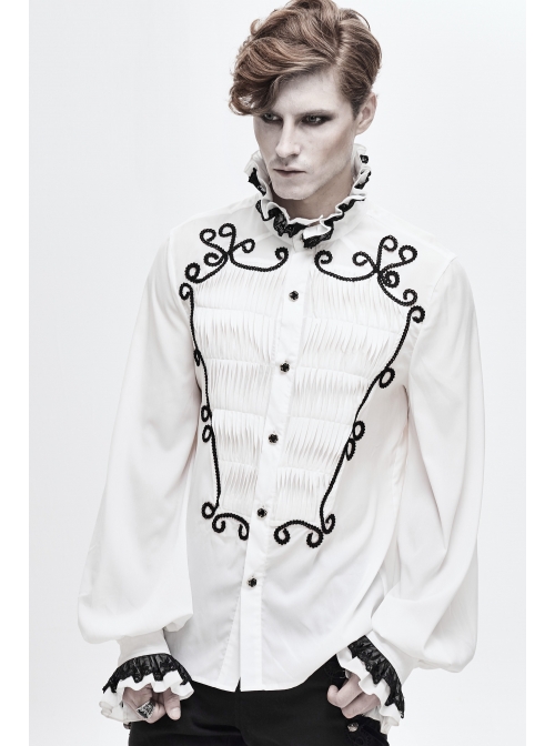 Lace High Collar Hand-Embroidered Long Sleeve White Gothic Shirt