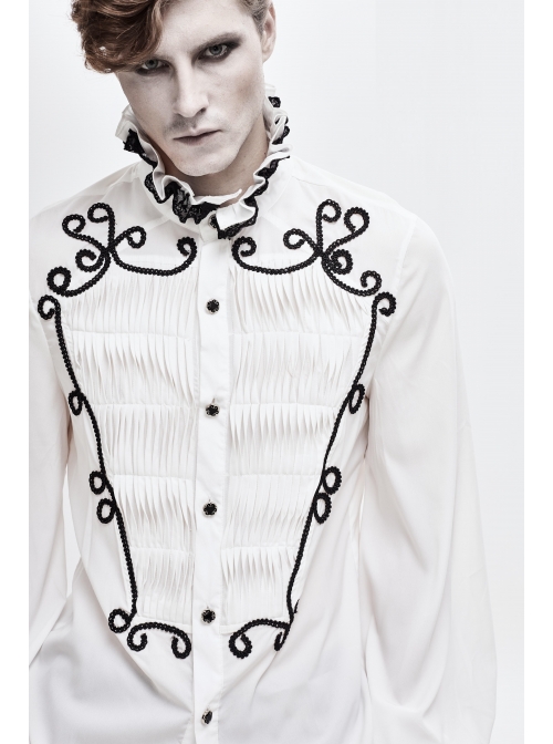 Lace High Collar Hand-Embroidered Long Sleeve White Gothic Shirt