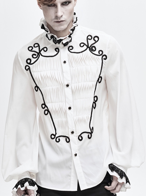 Lace High Collar Hand-Embroidered Long Sleeve White Gothic Shirt