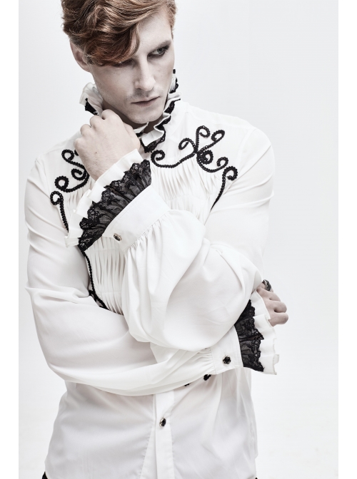 Lace High Collar Hand-Embroidered Long Sleeve White Gothic Shirt