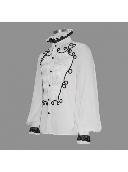 Lace High Collar Hand-Embroidered Long Sleeve White Gothic Shirt