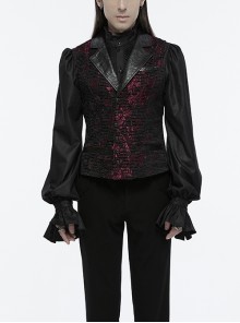 Red Exquisite Non Stretch Jacquard Twill Faux Leather Back Waist Pattern Decorative Loop Design Gothic Style Skull Vest