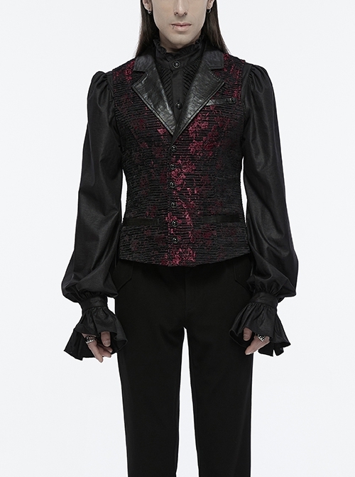 Red Exquisite Non Stretch Jacquard Twill Faux Leather Back Waist Pattern Decorative Loop Design Gothic Style Skull Vest