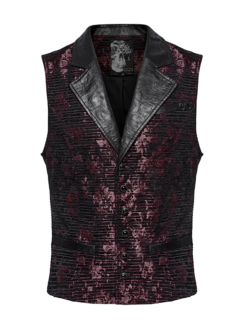 Red Exquisite Non Stretch Jacquard Twill Faux Leather Back Waist Pattern Decorative Loop Design Gothic Style Skull Vest