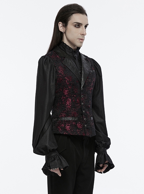 Red Exquisite Non Stretch Jacquard Twill Faux Leather Back Waist Pattern Decorative Loop Design Gothic Style Skull Vest