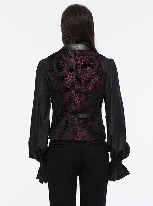 Red Exquisite Non Stretch Jacquard Twill Faux Leather Back Waist Pattern Decorative Loop Design Gothic Style Skull Vest