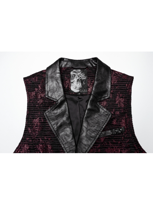 Red Exquisite Non Stretch Jacquard Twill Faux Leather Back Waist Pattern Decorative Loop Design Gothic Style Skull Vest