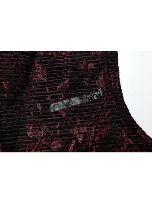 Red Exquisite Non Stretch Jacquard Twill Faux Leather Back Waist Pattern Decorative Loop Design Gothic Style Skull Vest