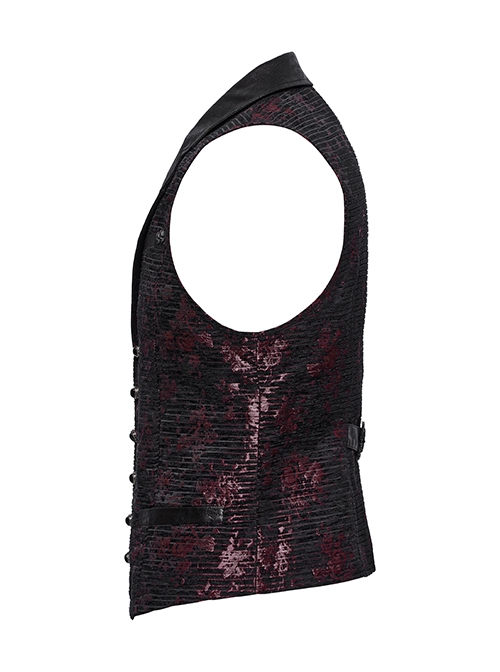 Red Exquisite Non Stretch Jacquard Twill Faux Leather Back Waist Pattern Decorative Loop Design Gothic Style Skull Vest