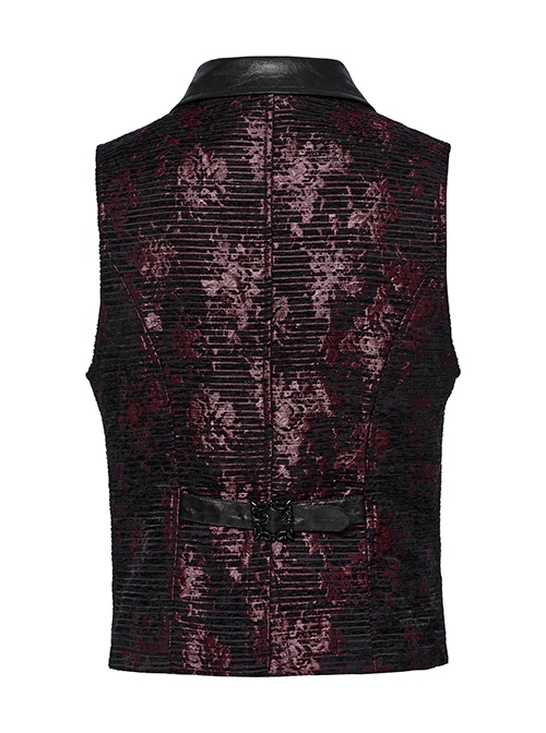 Red Exquisite Non Stretch Jacquard Twill Faux Leather Back Waist Pattern Decorative Loop Design Gothic Style Skull Vest