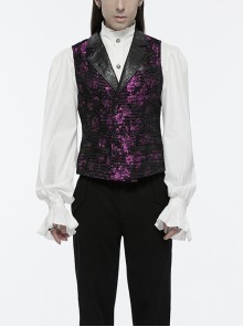 Purple Exquisite Non Elastic Jacquard Twill Faux Leather With Floral Back Waistband And Gothic Style Skull Vest