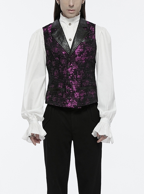 Purple Exquisite Non Elastic Jacquard Twill Faux Leather With Floral Back Waistband And Gothic Style Skull Vest