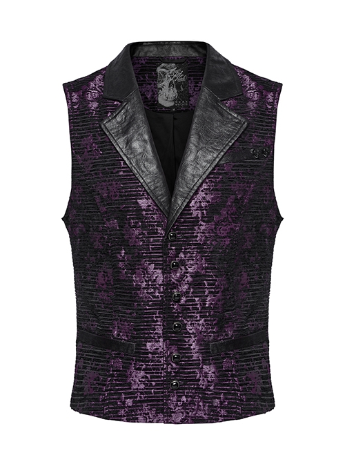 Purple Exquisite Non Elastic Jacquard Twill Faux Leather With Floral Back Waistband And Gothic Style Skull Vest