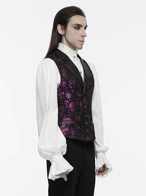 Purple Exquisite Non Elastic Jacquard Twill Faux Leather With Floral Back Waistband And Gothic Style Skull Vest