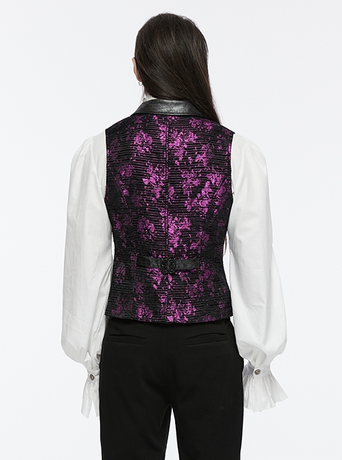 Purple Exquisite Non Elastic Jacquard Twill Faux Leather With Floral Back Waistband And Gothic Style Skull Vest