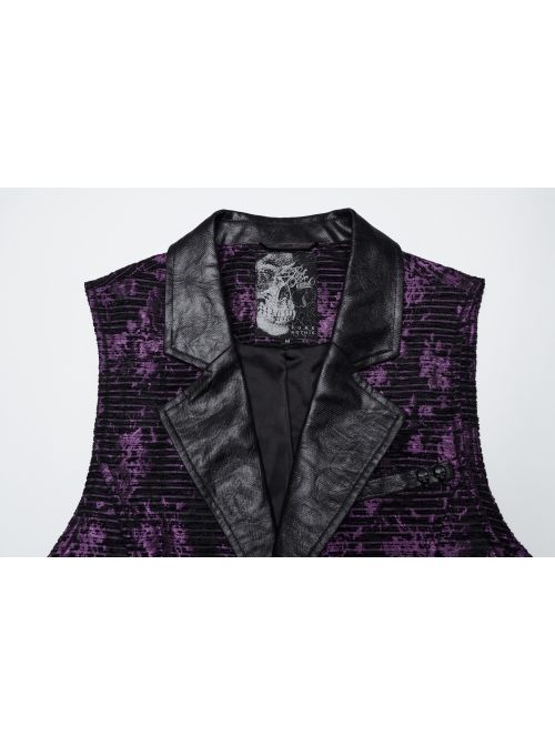 Purple Exquisite Non Elastic Jacquard Twill Faux Leather With Floral Back Waistband And Gothic Style Skull Vest