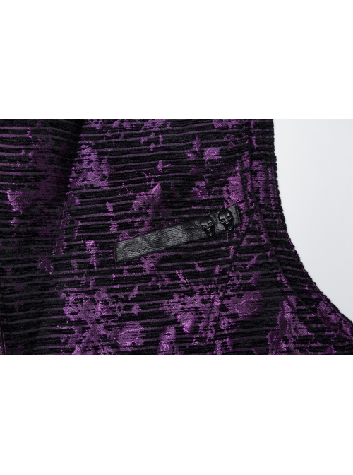 Purple Exquisite Non Elastic Jacquard Twill Faux Leather With Floral Back Waistband And Gothic Style Skull Vest