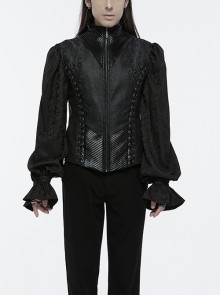 Low Key Black Jacquard Woven Patchwork Pleated Side Eyelet Tie Rope Design Gothic Style Adjustable Vest