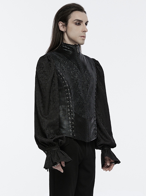 Low Key Black Jacquard Woven Patchwork Pleated Side Eyelet Tie Rope Design Gothic Style Adjustable Vest
