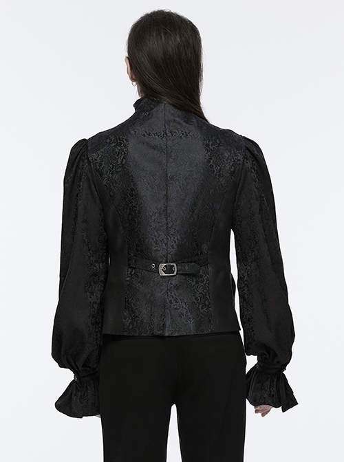 Low Key Black Jacquard Woven Patchwork Pleated Side Eyelet Tie Rope Design Gothic Style Adjustable Vest