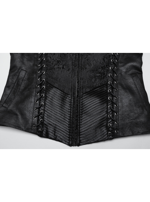 Low Key Black Jacquard Woven Patchwork Pleated Side Eyelet Tie Rope Design Gothic Style Adjustable Vest