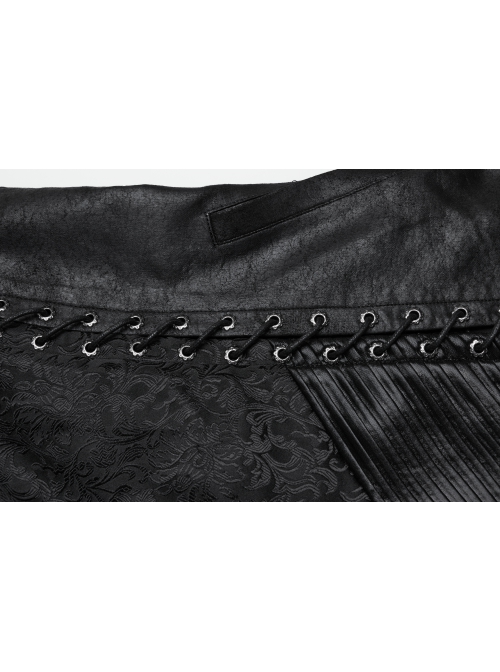 Low Key Black Jacquard Woven Patchwork Pleated Side Eyelet Tie Rope Design Gothic Style Adjustable Vest