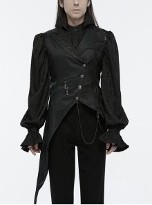 Asymmetric Non-Stretch Black Shiny Woven Patchwork Jacquard Back Waist Adjustable Drawstring Gothic Style Lapel Vest