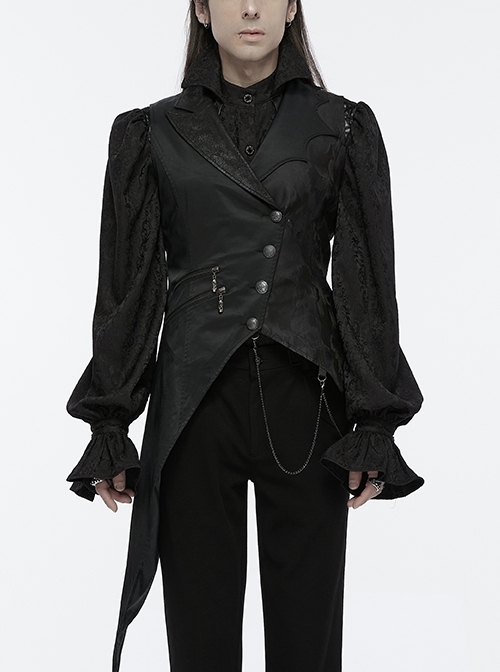 Asymmetric Non-Stretch Black Shiny Woven Patchwork Jacquard Back Waist Adjustable Drawstring Gothic Style Lapel Vest