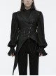 Asymmetric Non-Stretch Black Shiny Woven Patchwork Jacquard Back Waist Adjustable Drawstring Gothic Style Lapel Vest