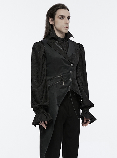 Asymmetric Non-Stretch Black Shiny Woven Patchwork Jacquard Back Waist Adjustable Drawstring Gothic Style Lapel Vest