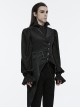 Asymmetric Non-Stretch Black Shiny Woven Patchwork Jacquard Back Waist Adjustable Drawstring Gothic Style Lapel Vest